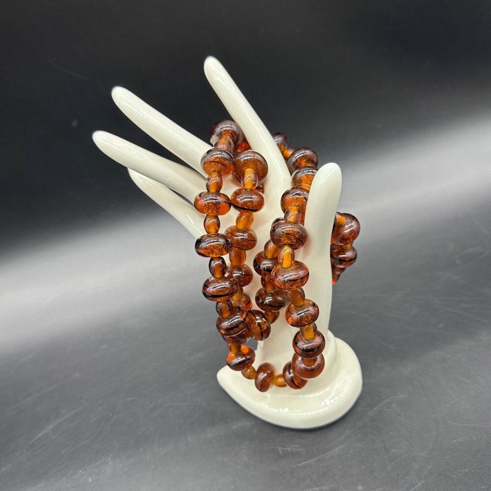 Vintage Amber Glass Bead Necklace Lampwork Swirl Handmade Heavy Jewelry Brown